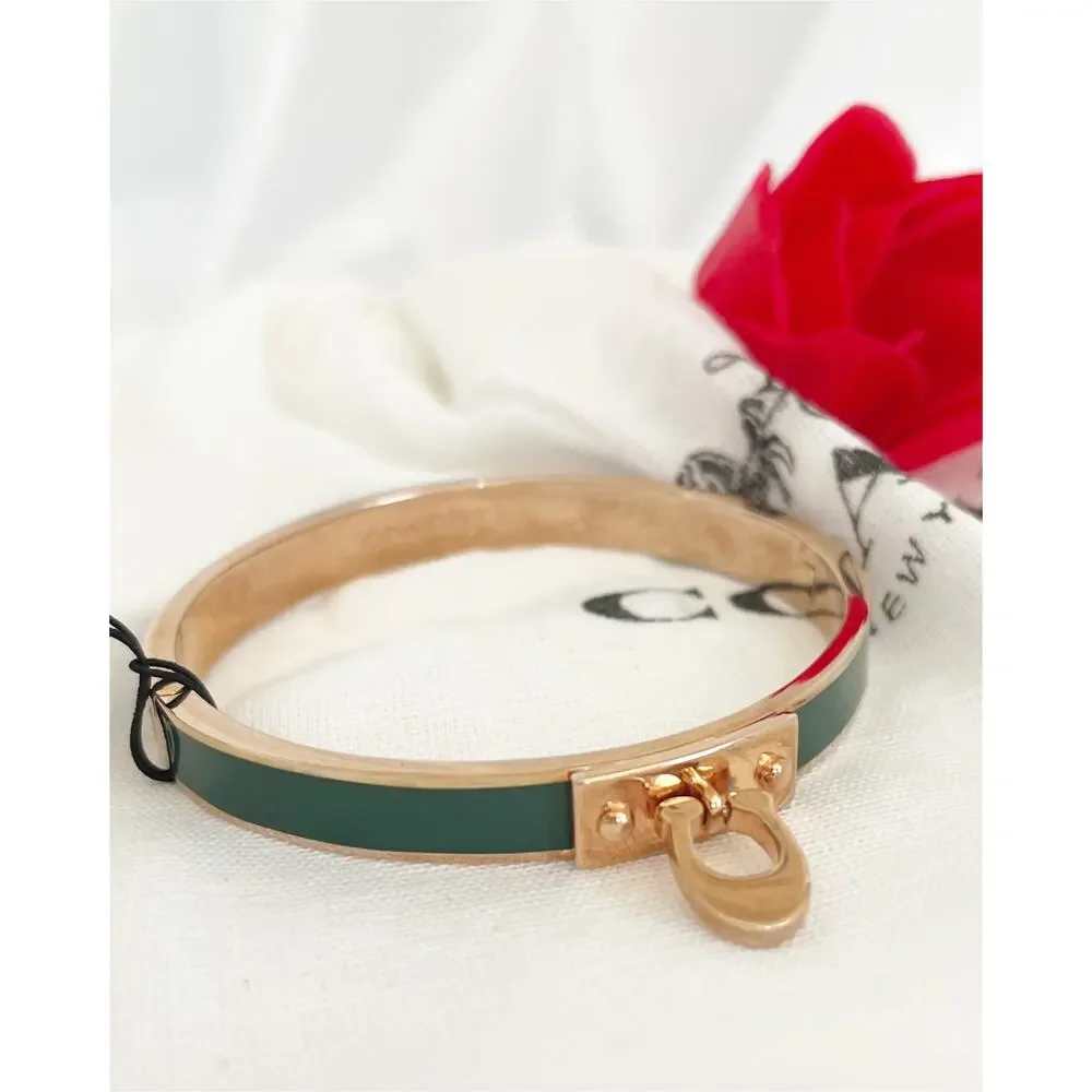 COACH Signature Push Hinged Bangle Green Enamel Rose Gold Toned Brass C Charm - Picture 3 of 10